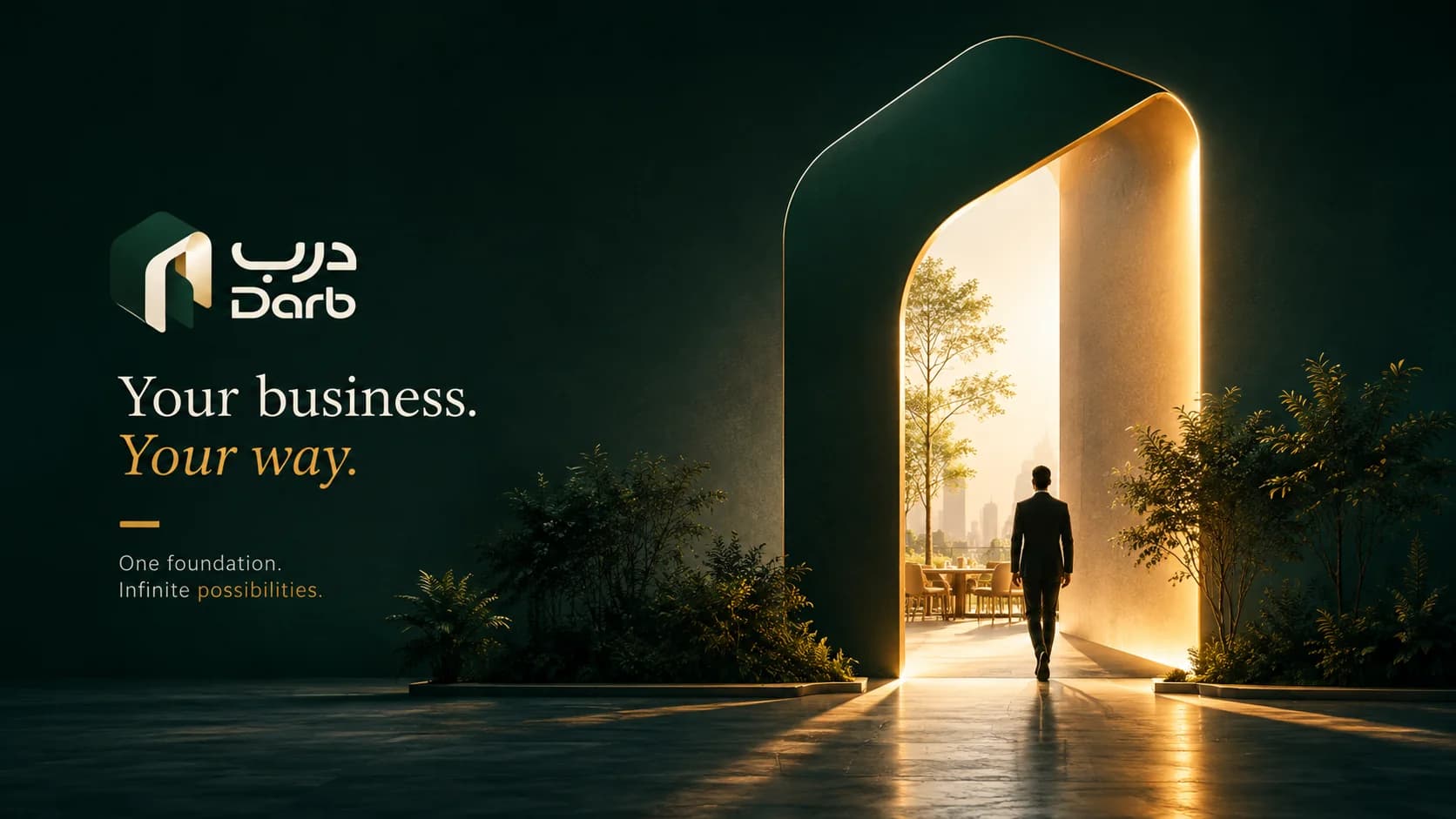 Darb brand artwork: a tall forest-green doorway lit gold from within, a figure walking through toward a sunlit terrace.