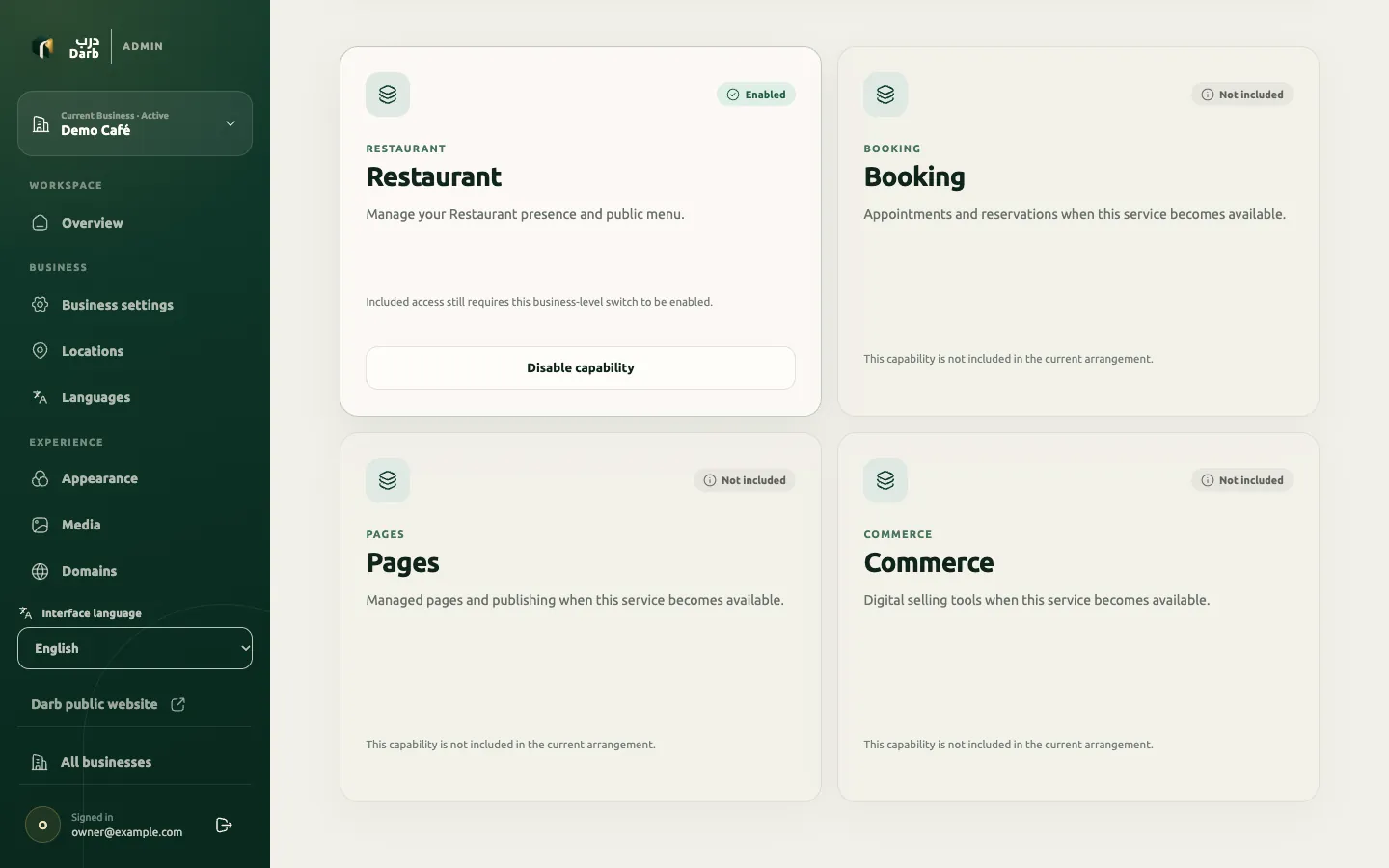 Plan and access capability cards: Restaurant enabled; Booking, Pages and Commerce not included.