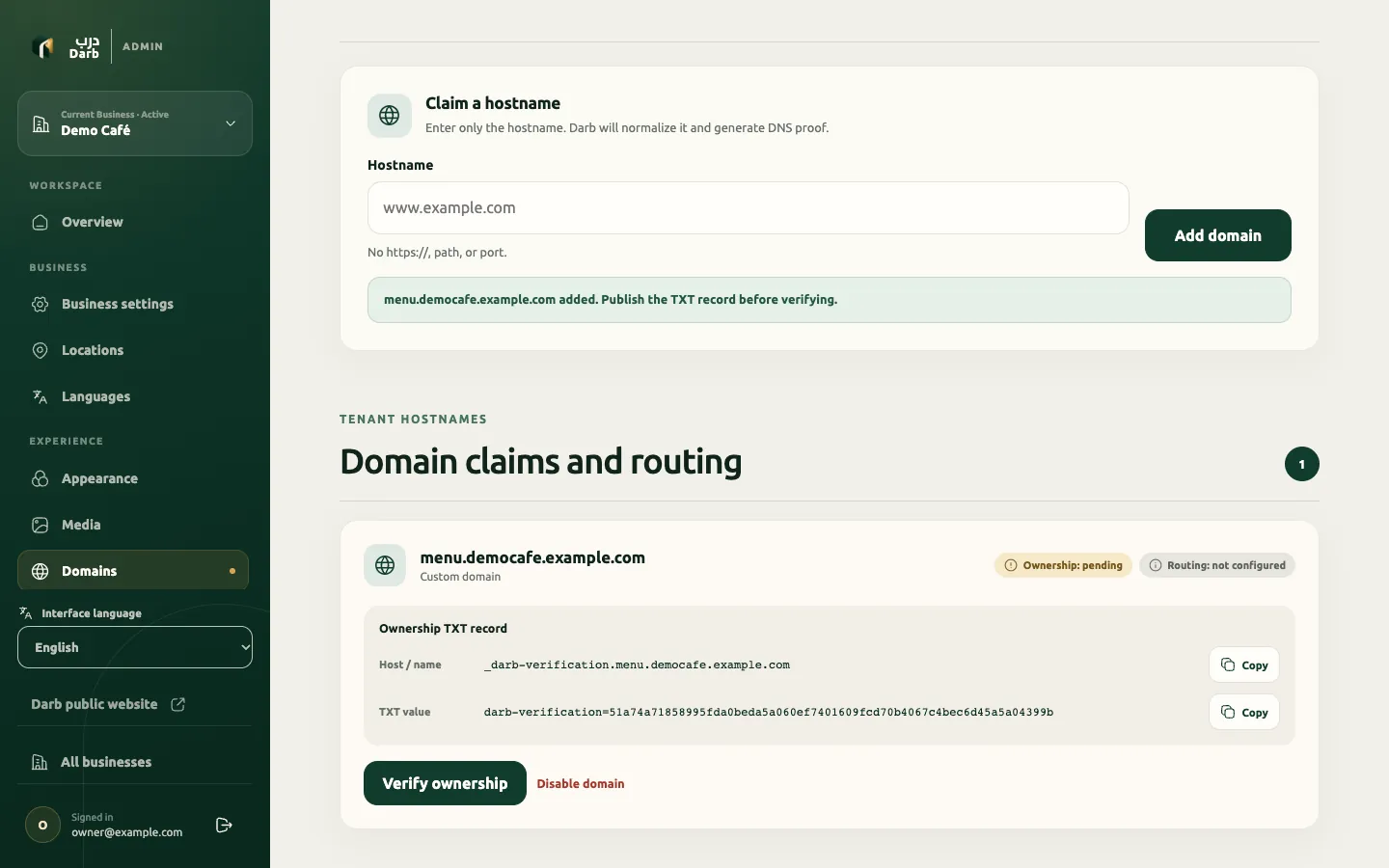 A claimed custom domain awaiting ownership verification, with the DNS TXT proof record to publish.