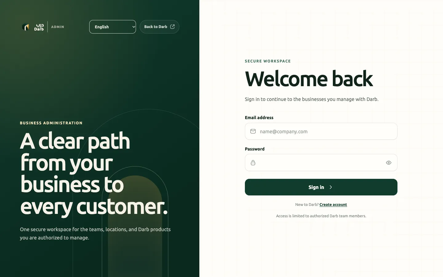 The Darb tenant admin sign-in page: “A clear path from your business to every customer.”