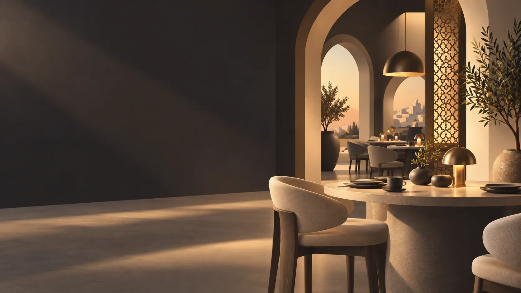 Darb REST artwork: a warm restaurant interior with arched openings, pendant lamps and a table set for guests.