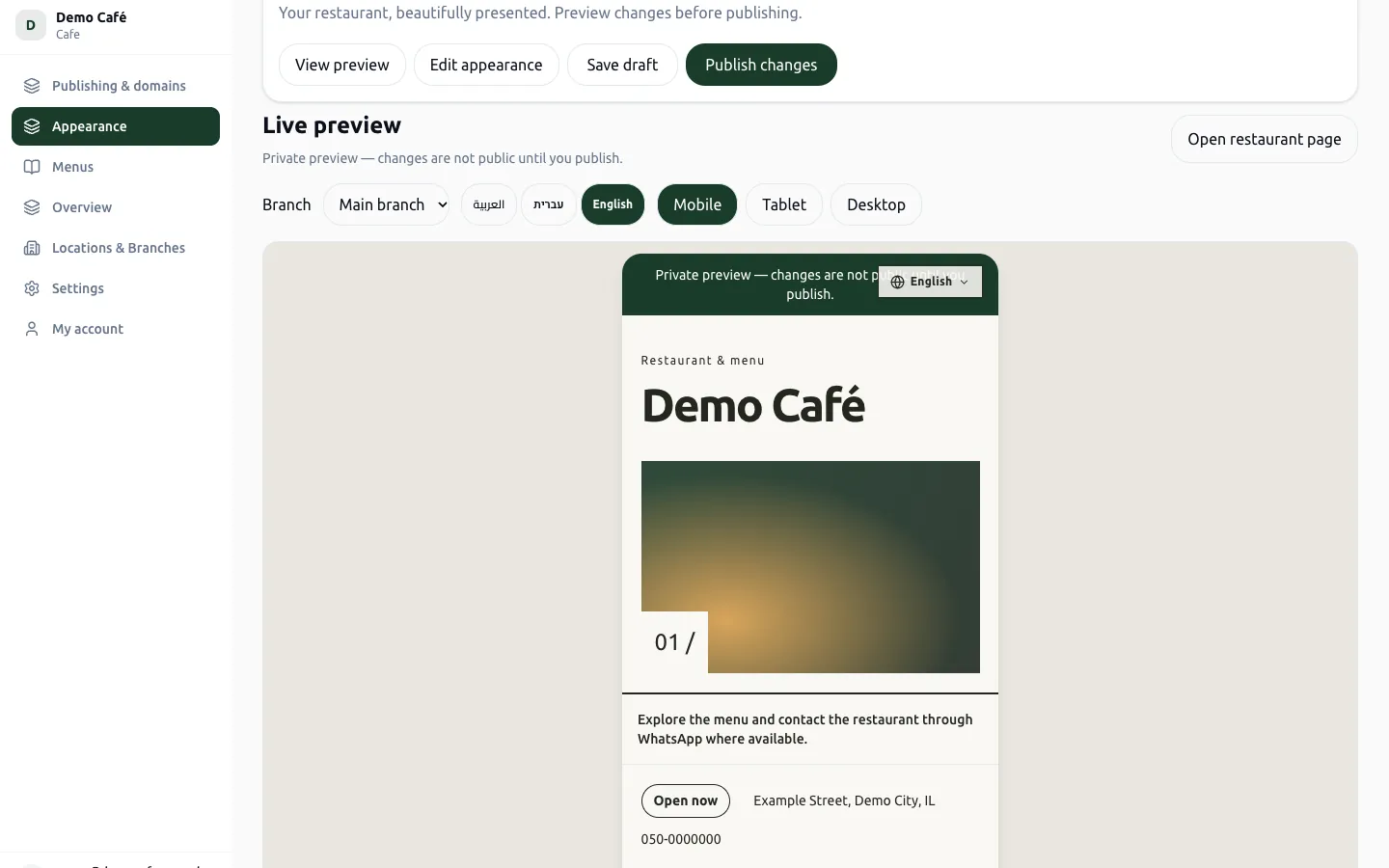 The live preview of a private draft with mobile, tablet and desktop toggles.