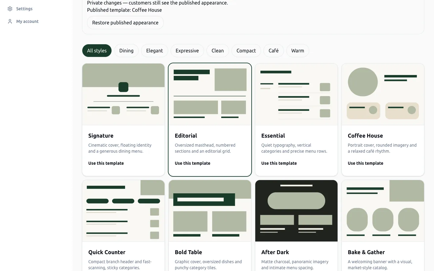 The appearance page: a draft notice that customers still see the published appearance, style filters and the template cards.
