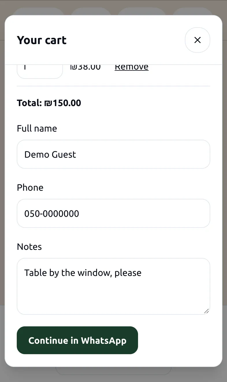 The cart with total, guest name, phone and notes, and a Continue in WhatsApp button.