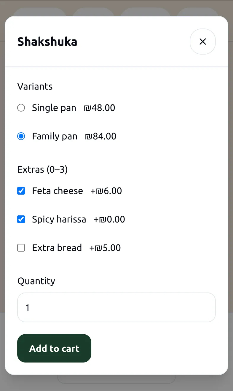 A dish options sheet: Single or Family pan variants and optional extras with prices, then Add to cart.