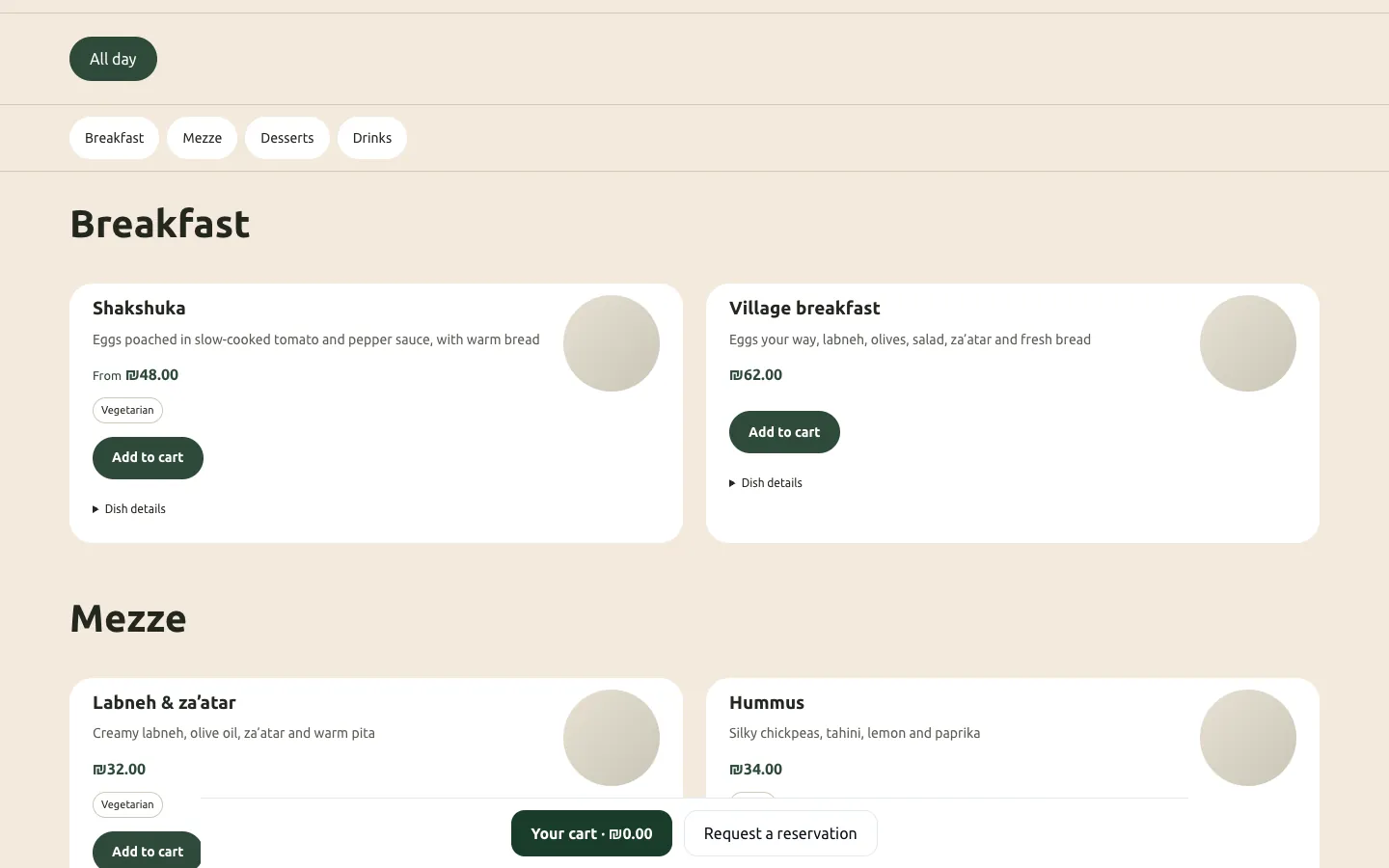 A Darb REST guest menu on desktop for the fictional Demo Café: category tabs, dish cards with prices and Add to cart, and a sticky cart and reservation bar.