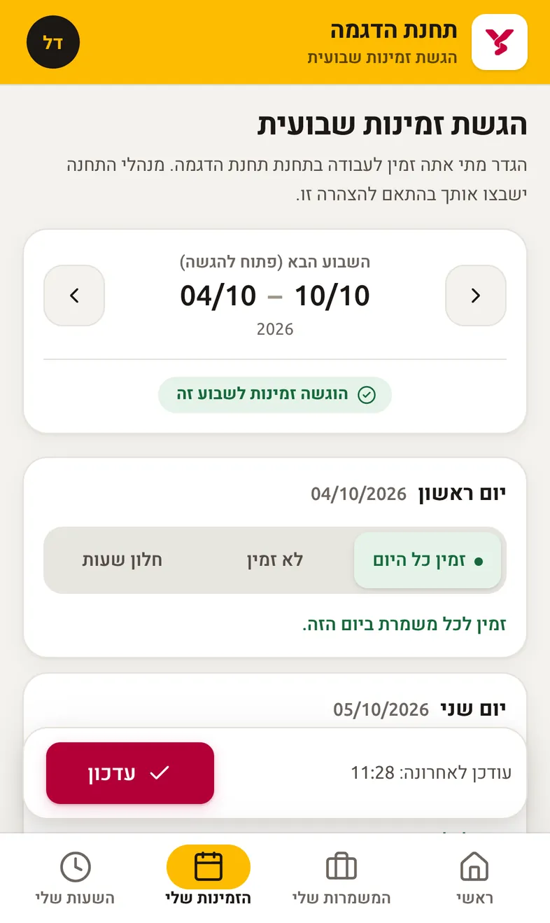 The worker availability form for next week in Hebrew, marked as submitted, with per-day choices.